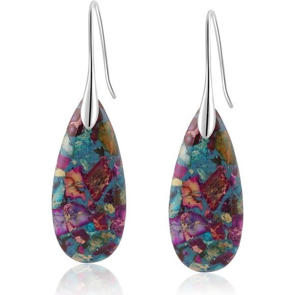 Rainbow Blue - Silver Natural Stone Fishhoop Dangle Statement Earring for Women - Picture 1 of 6